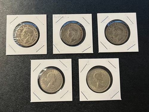 Australia Florin 5-Coin Silver Lot - Circulated -  1946 (1), 1947 (2), 1961 (2)