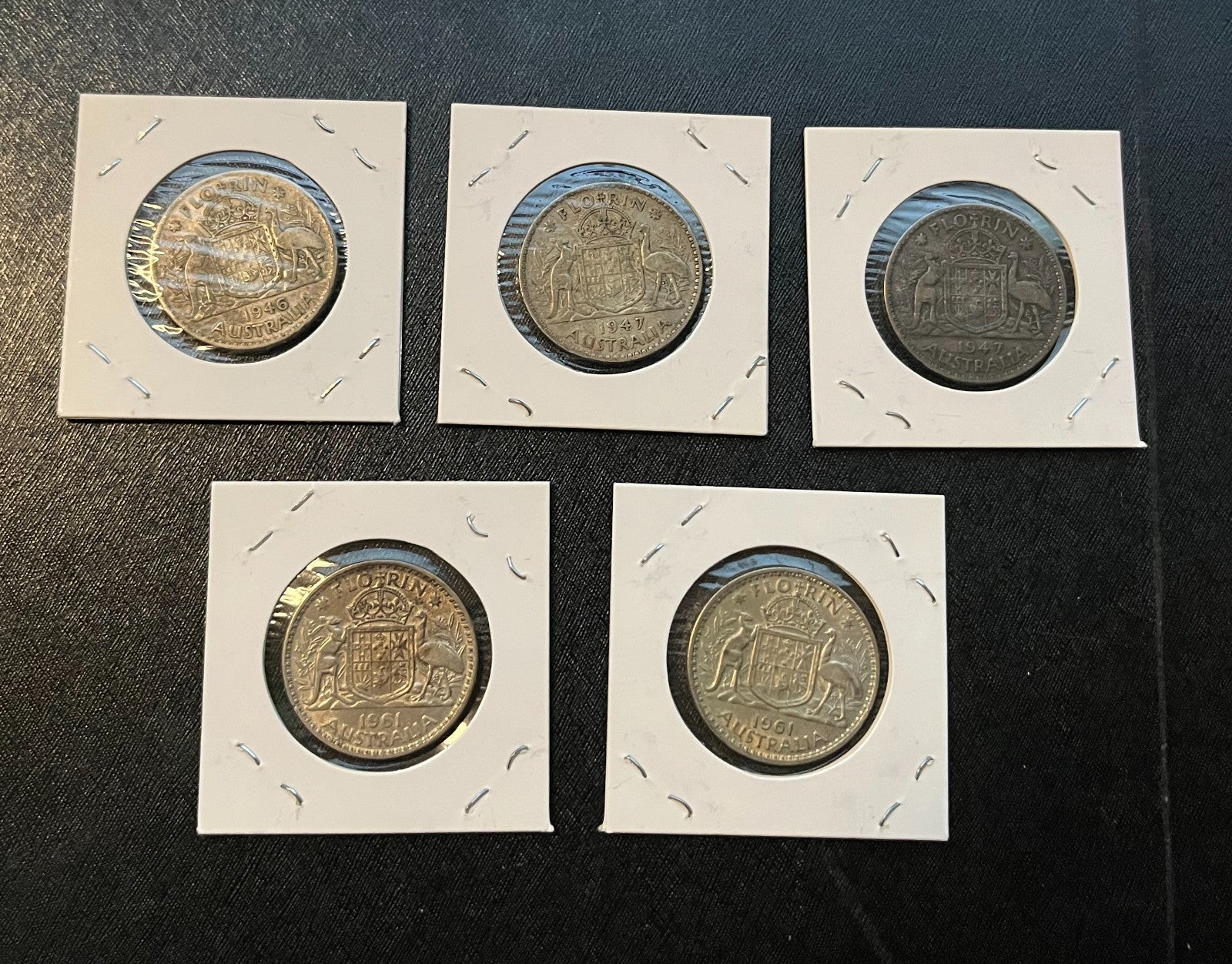 Australia Florin 5-Coin Silver Lot - Circulated -  1946 (1), 1947 (2), 1961 (2)
