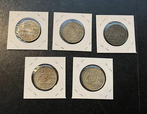 Australia Florin 5-Coin Silver Lot - Circulated -  1946 (1), 1947 (2), 1961 (2)