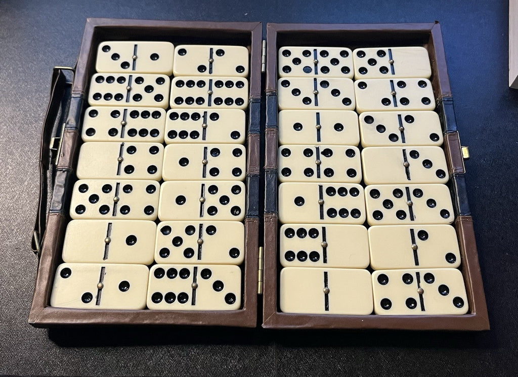 Vintage Domino Set Faux Leather Case Metal Spinner Pins 28 Pieces